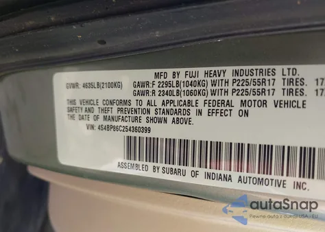 2005 Subaru Outback 3.0R L.l. Bean Edition из США, поврежденный, VIN 4S4BP86C254360399